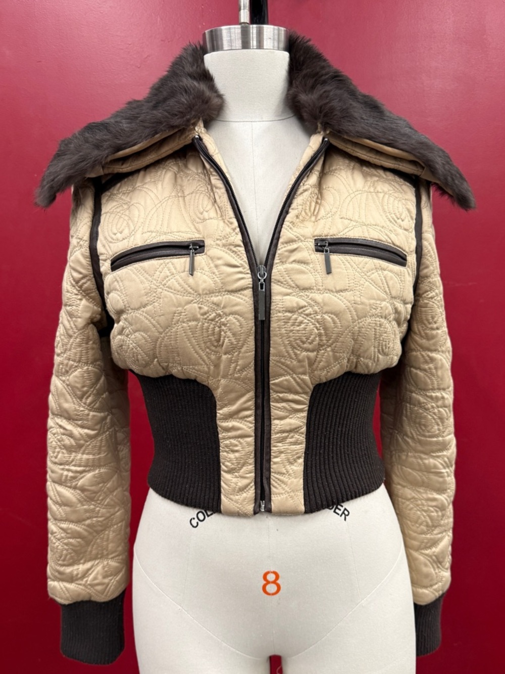 bebe Beige Quilted Bomber Jacket with Dark Brown Rabbit Fur Collar